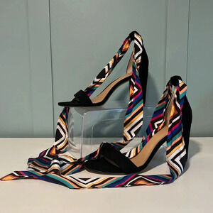 INC Faux Velvet ‘Kanata’ Single Strap Striped Ribbon Ankle Tie 3” Heels. Size 9.